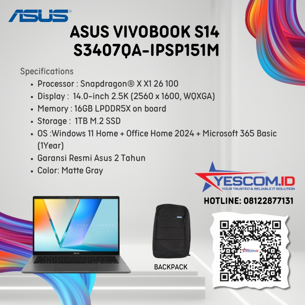 Asus Vivobook S14 S3407QA-IPSP151M / Snapdragon X1 26 100 /16GB /SSD 512GB / 14 inch 2.5K / W11+OHS+M365