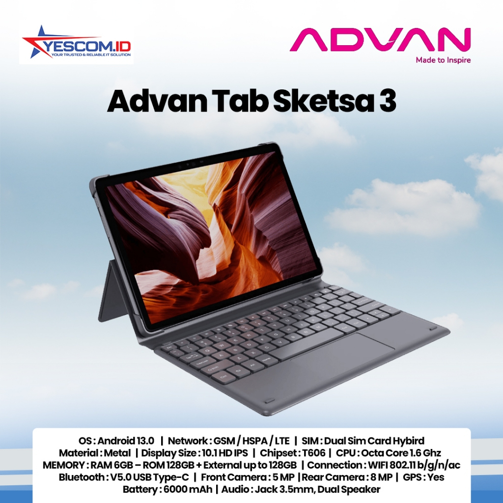 Advan Tab Sketsa 3 10.1” HD IPS 128GB+RAM 6GB Tiger T606 Android 13