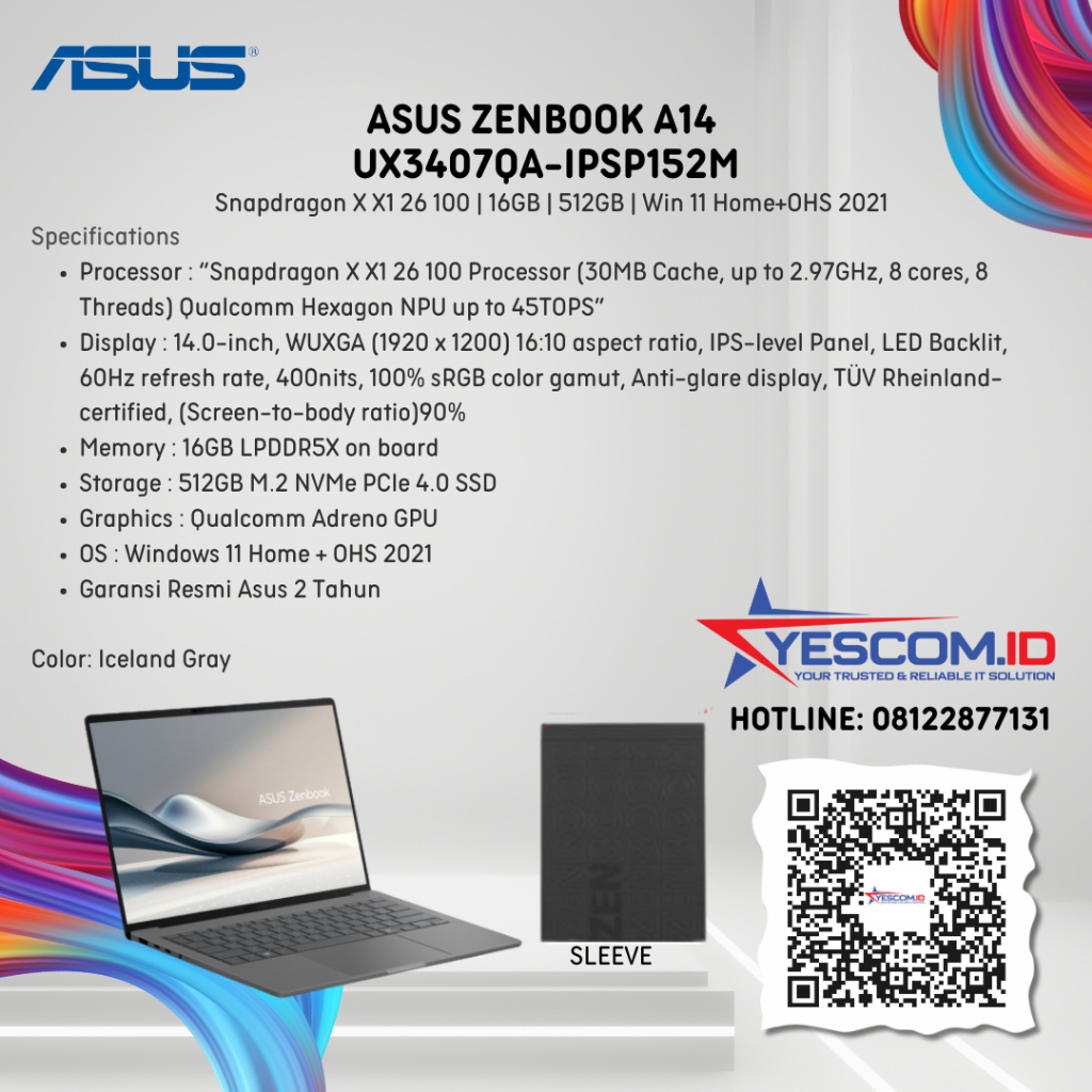 Asus Zenbook A14 UX3407QA-IPSP152M/Snapdragon X X1 26 100/16GB/512GB SSD