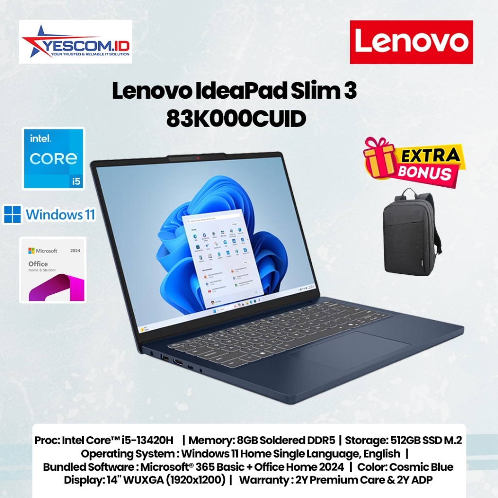 Lenovo IdeaPad Slim 3 14IRH10 83K000CUID / Intel Core i5-13420H/8GB/512 GB/14 INCH/2Y PREMIUM CARE & 2Y ADP