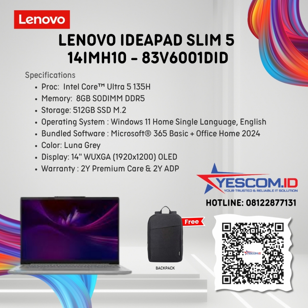 Lenovo IdeaPad Slim 5 14IMH10 - 83V6001DID /Intel Core Ultra 5-135H/16GB/512GB SSD/Intel Arc Graphics/14" WUXGA OLED/Win 11 Home+OH24+M365/Luna Grey/2Y