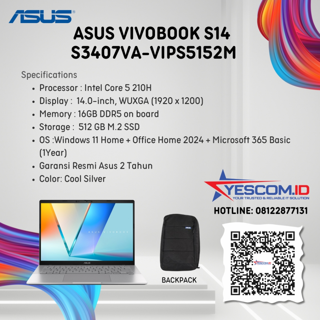 Asus Vivobook S14 S3407VA-VIPS5152M / Intel Core 5 210H/ 16GB/ SSD 512GB /14 inch WUXGA / W11+OH2024