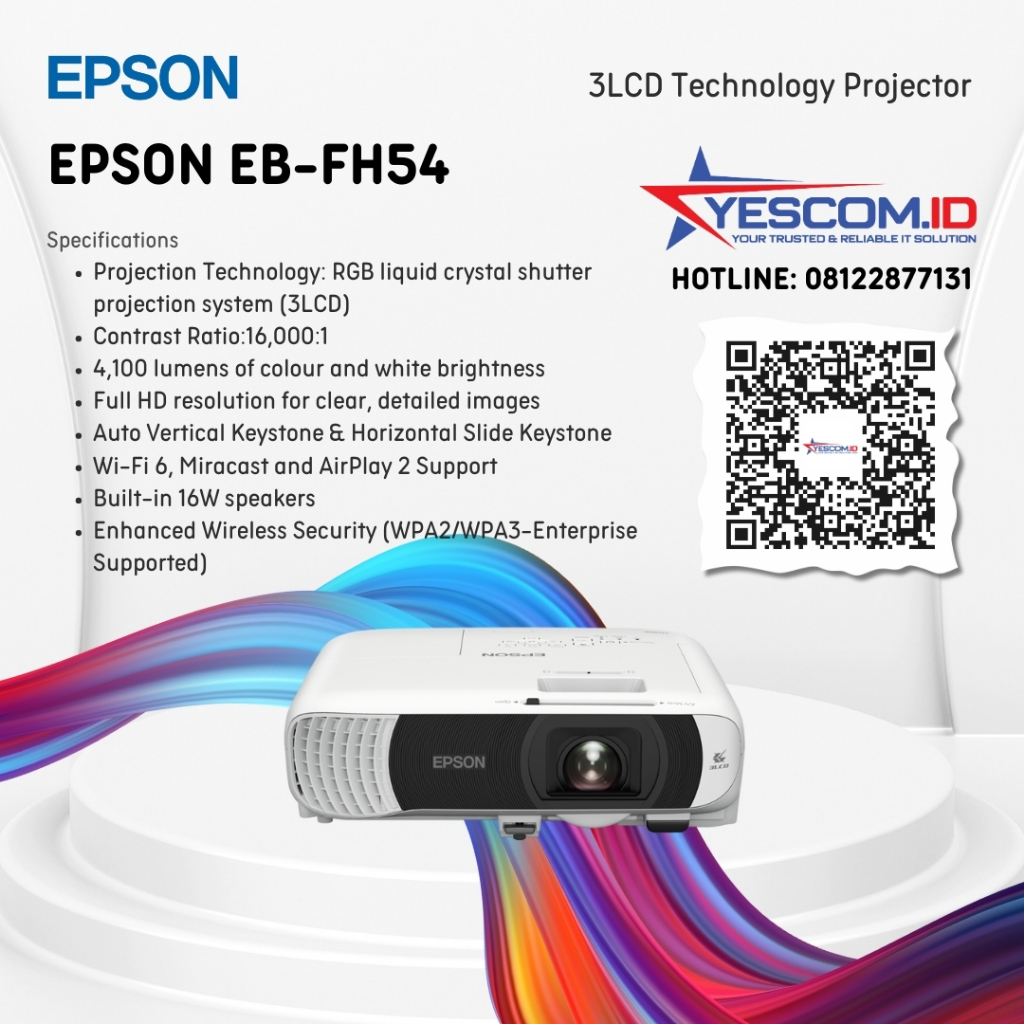 EPSON EB-FH54 EB FH54 EBFH54 WiFi Direct Wireless 4.100 Lumens Full HD 3LCD
