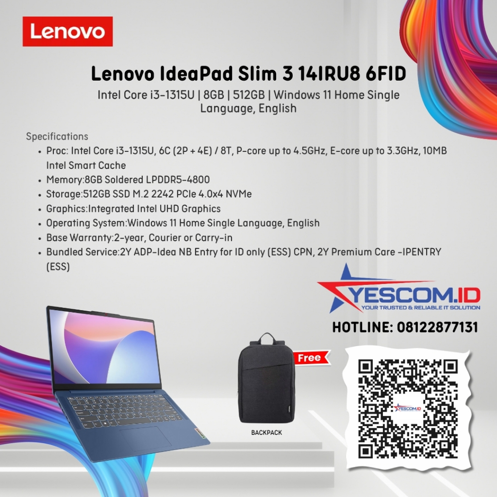 Lenovo IdeaPad Slim 3 14IRU8- 6FID Intel i3 1315U 8GB SSD 512GB 14 inch W11+OH2024+M365