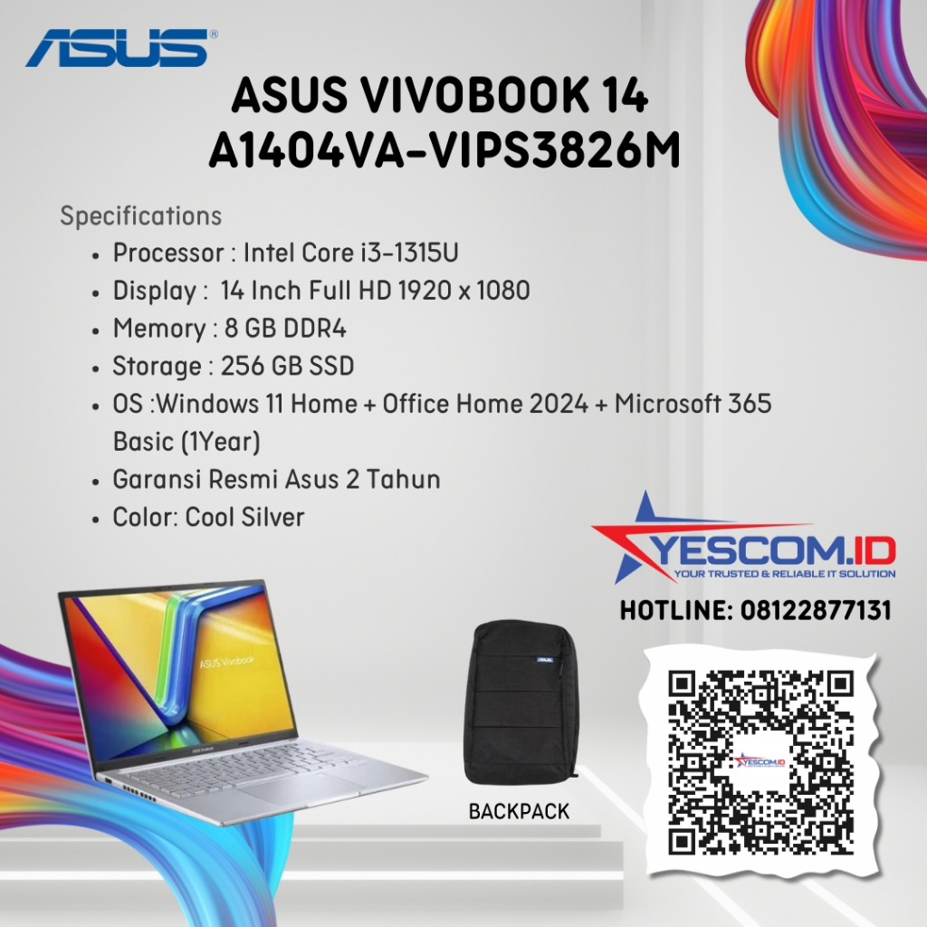 ASUS VIVOBOOK 14 A1404VA-VIPS3826M/I3 1315/ 8GB /256GB / W11+OHS+M365/ 14.0FHD
