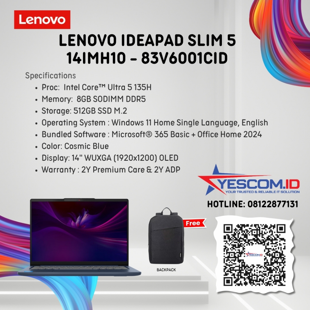 Lenovo IdeaPad Slim 5 14IMH10 - 83V6001CID /Intel Core Ultra 5-135H/16GB/512GB SSD/Intel Arc Graphics/14" WUXGA OLED/Win 11 Home+OH24+M365/Cosmic Blue/2Y