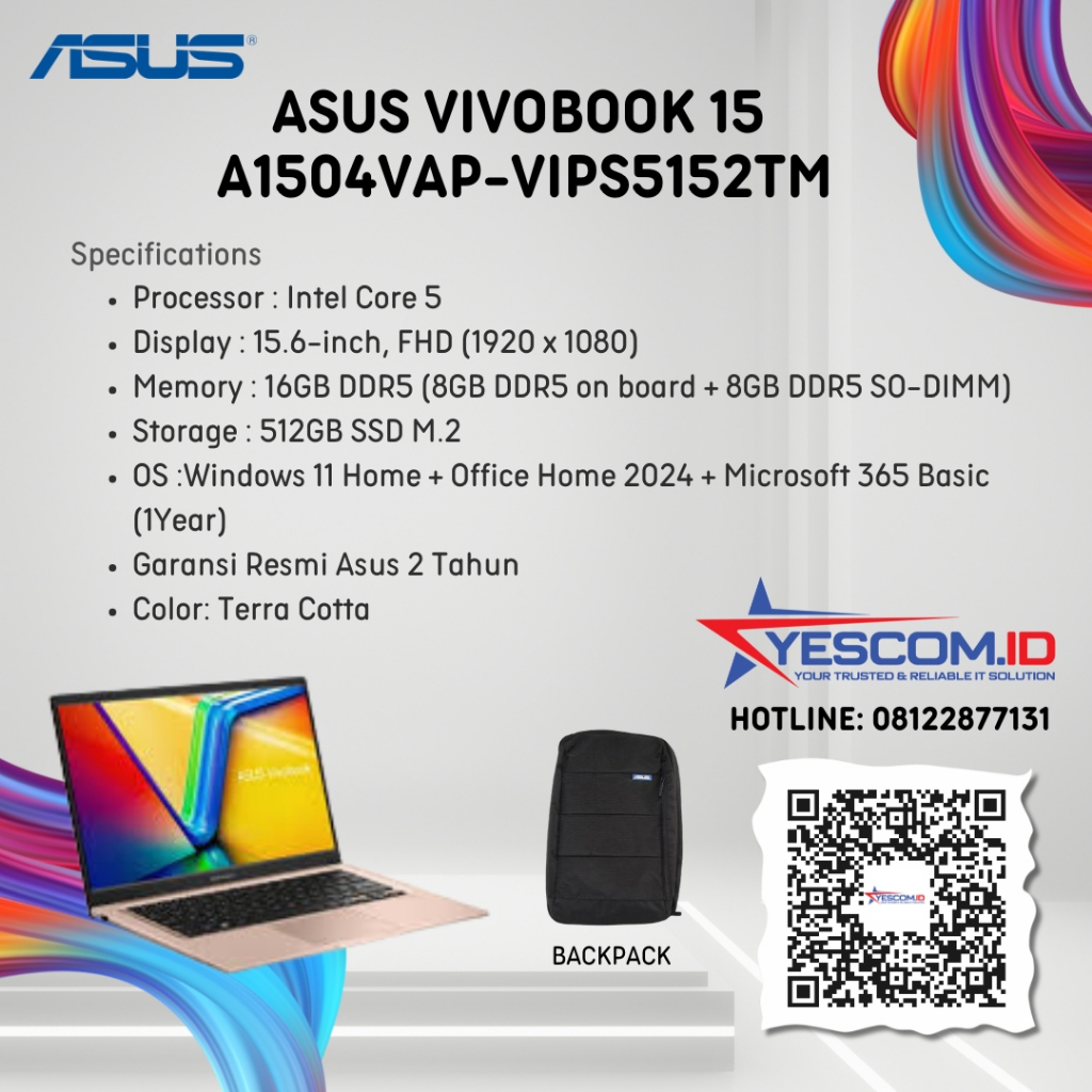 Asus Vivobook 15 A1504VAP-VIPS5152TM/ Intel Core 5 120U / 16GB / SSD 512GB / 15.6 inch / TouchScreen/ W11+OH2024