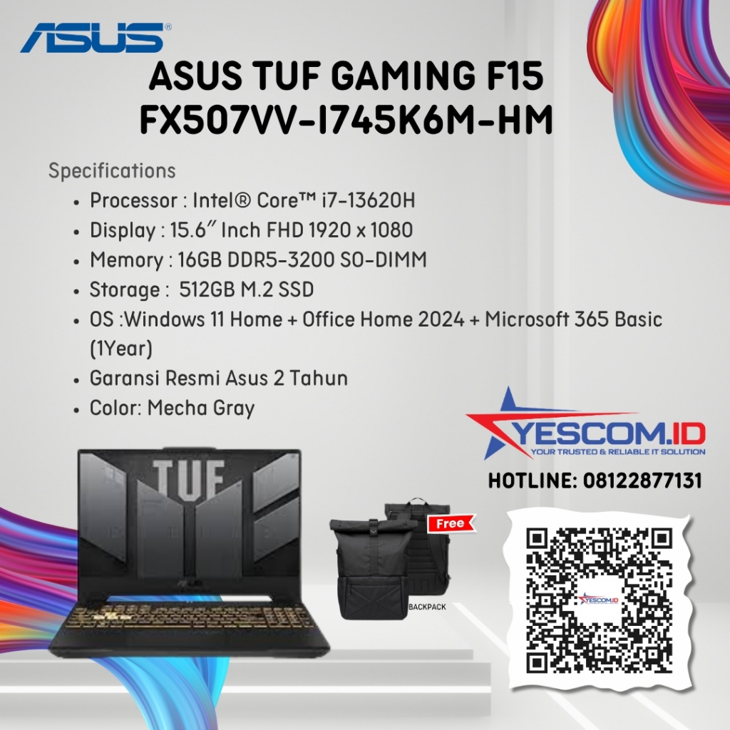 Asus TUF F15 FX507VV-I745K6M-HM / Intel i7-13620H /16GB /SSD 512GB /RTX4060 / 15.6 inch FHD/ W11+OHS2024+M365