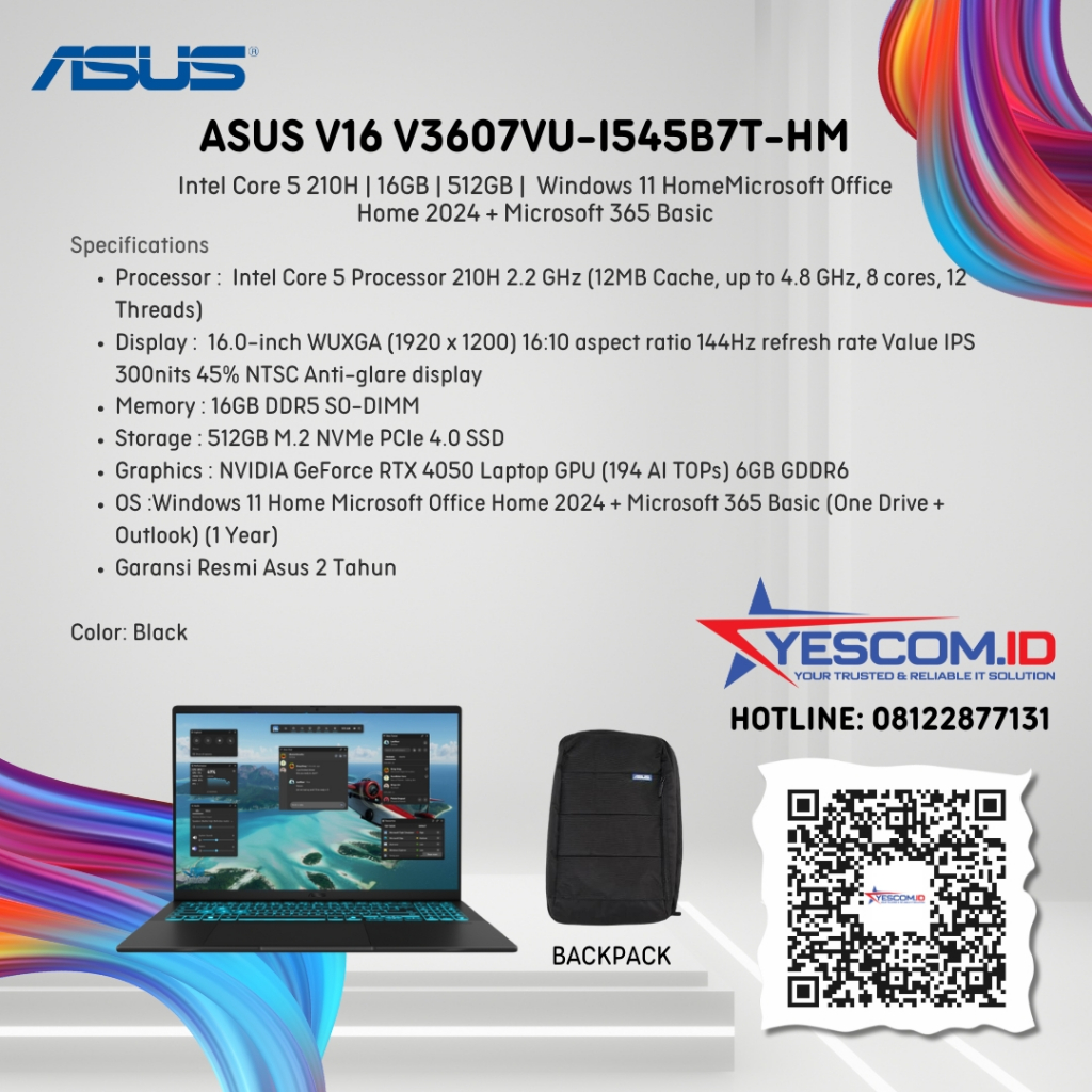 Asus Gaming V16 V3607VU-I545B7T-HM – Matte Black [Core 5 210H-16GB-SSD 512GB-RTX4050-16inch-W11+OHS+M365]