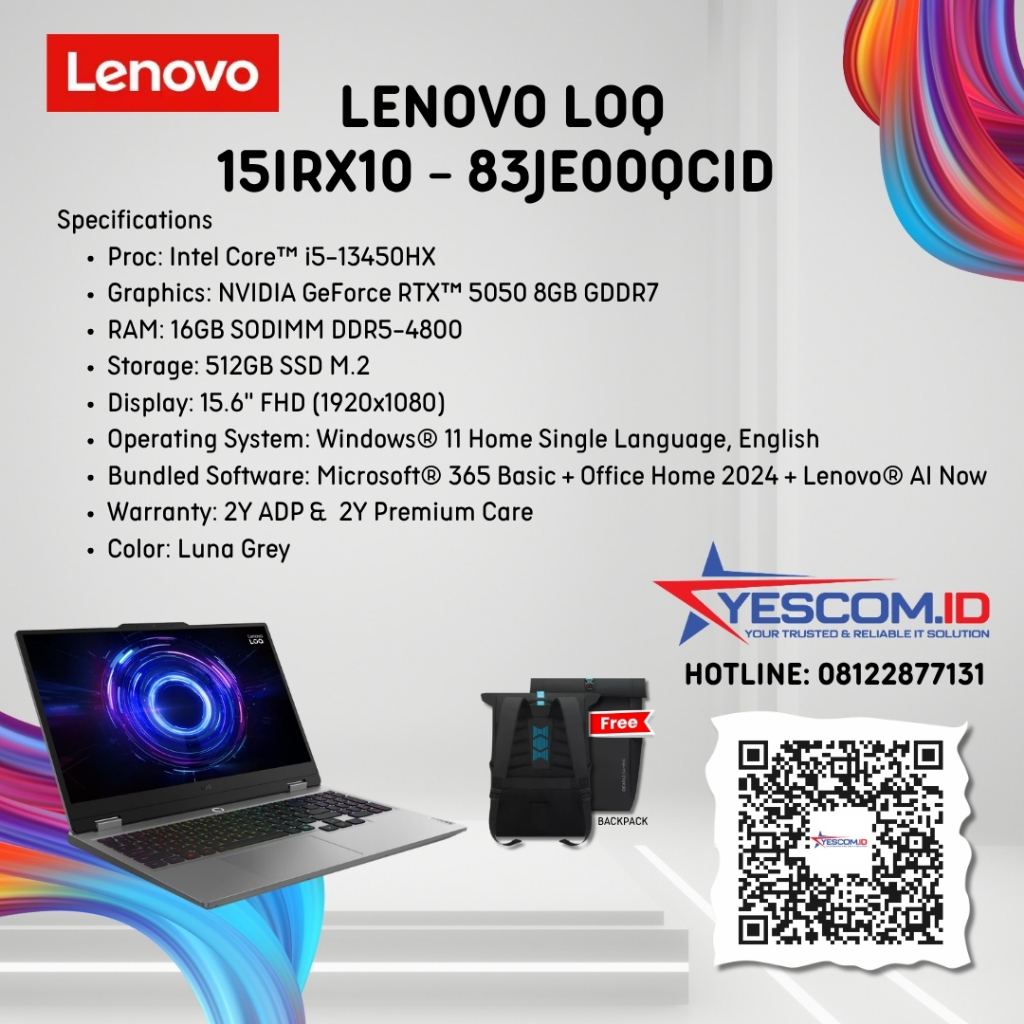 Lenovo LOQ 83JE00QCID / Intel Core i5-13450HX/ 16GB/ SSD 512GB/NVIDIA GeForce RTX™ 5050 8GB GDDR7/15.6 INCH FHD (1920x1080)/2Y PREMIUM CARE & 2Y ADP