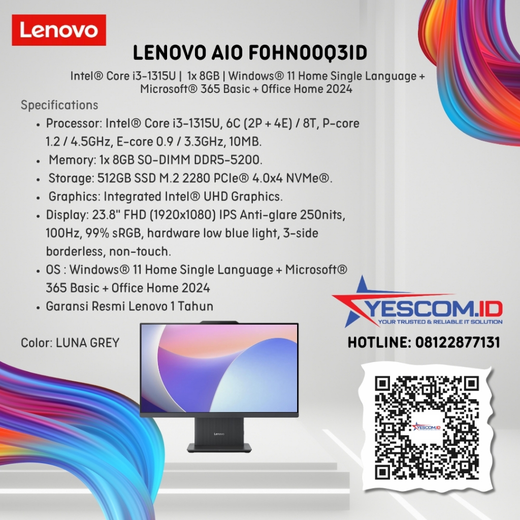 AIO LENOVO IdeaCentre 24IRH9 F0HN00Q3ID Core i3 1315U 8GB 512GB